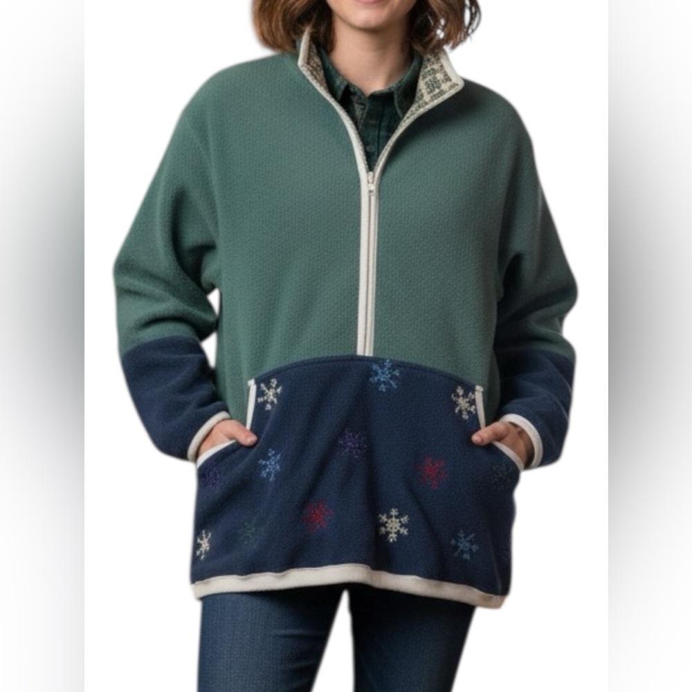 Vintage East West Fleece Jacket with Snowflake Embroidery Cozy Half Zip Pocket